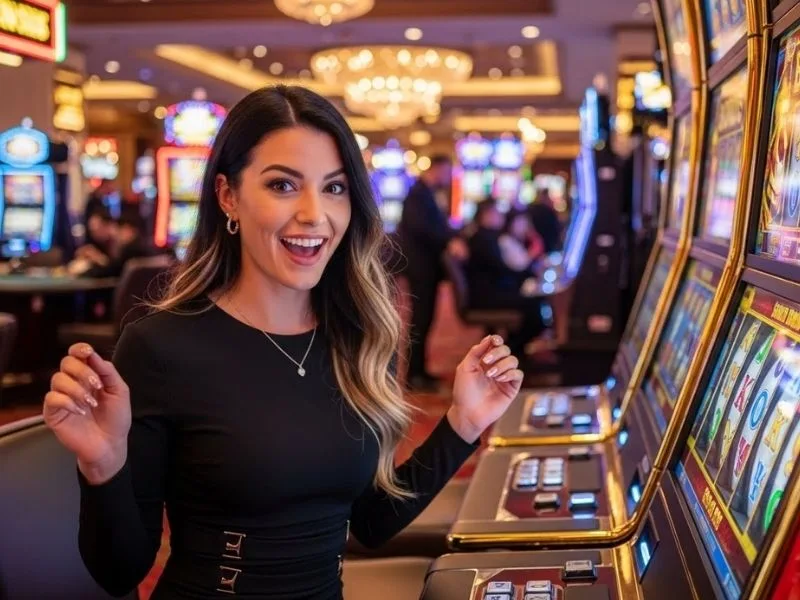 Woman smiling while playing slot machines at a real casino, enjoying her gaming experience with Plush PH.