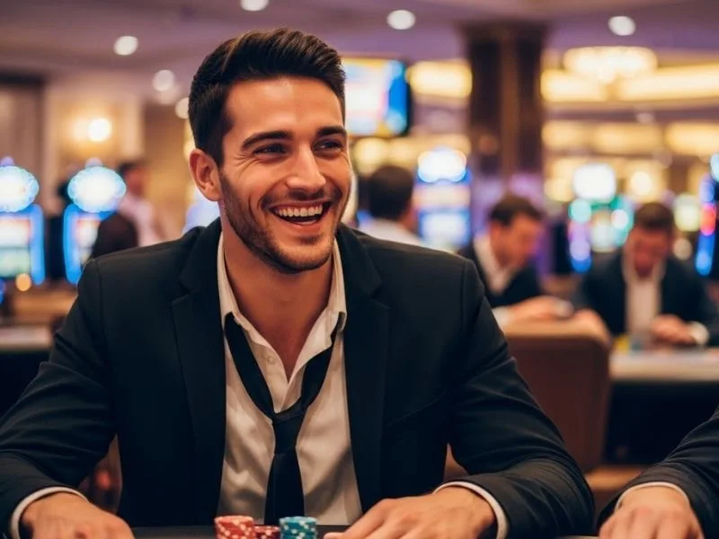 Man smiling while playing baccarat in a real casino, representing the exciting experience after royal888 casino.net register