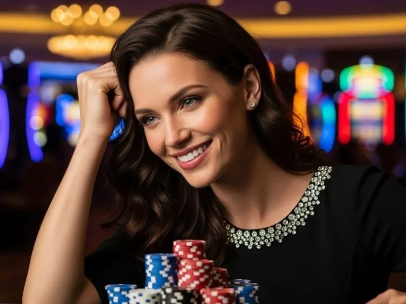 Woman smiling with colorful casino chips at a real casino table after completing royal888 casino.net register.