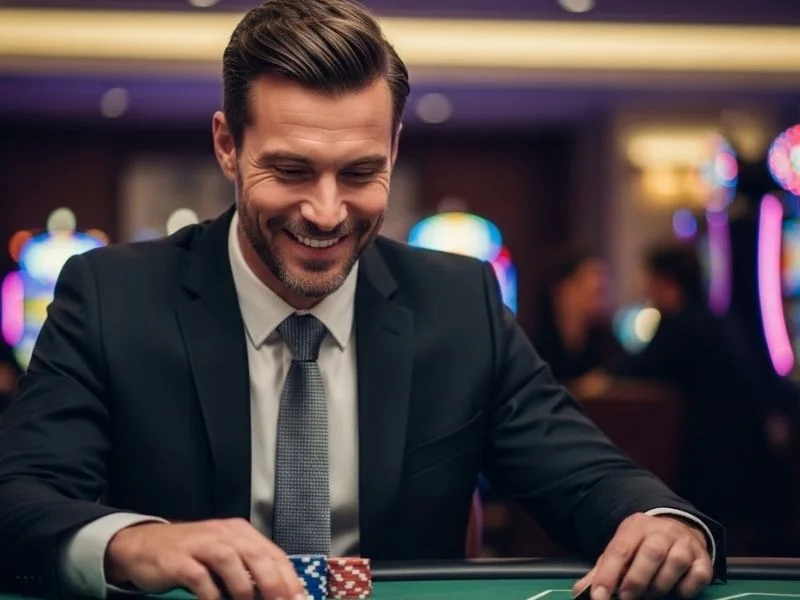 Man smiling with colorful casino chips at a real casino table, enjoying the excitement of S888 Live.