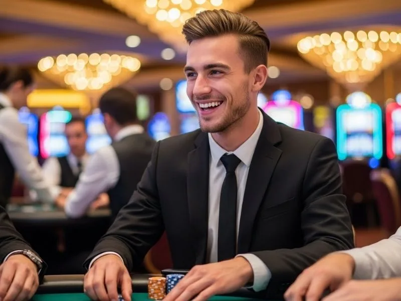 Smiling man enjoying casino games with chips on the table at a real casino, representing S888 Live excitement.