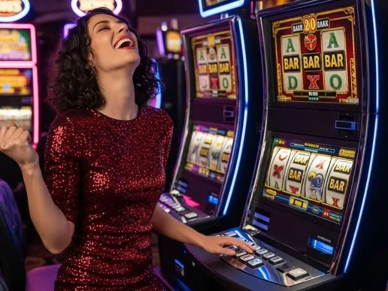 Smiling woman playing slot machines in a physical casino, enjoying the excitement of s888 live.