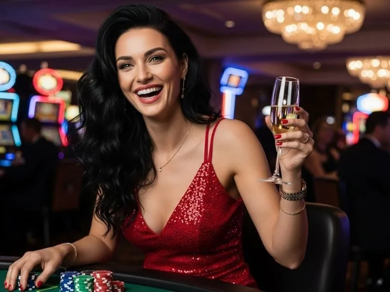 Woman smiling and enjoying casino games at a physical casino while experiencing the excitement of s888 live.
