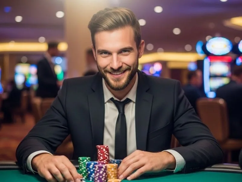 Man happily playing at a casino table, showing his chips, enjoying the excitement of s888.org live betting.