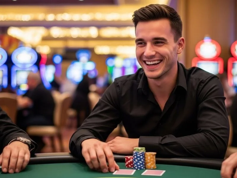 Man smiling while playing poker games in a casino, enjoying the excitement of s888.org live betting