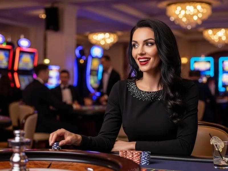 Woman smiling while playing roulette in a casino, enjoying her time at a physical table with Scatter Game Link nearby.