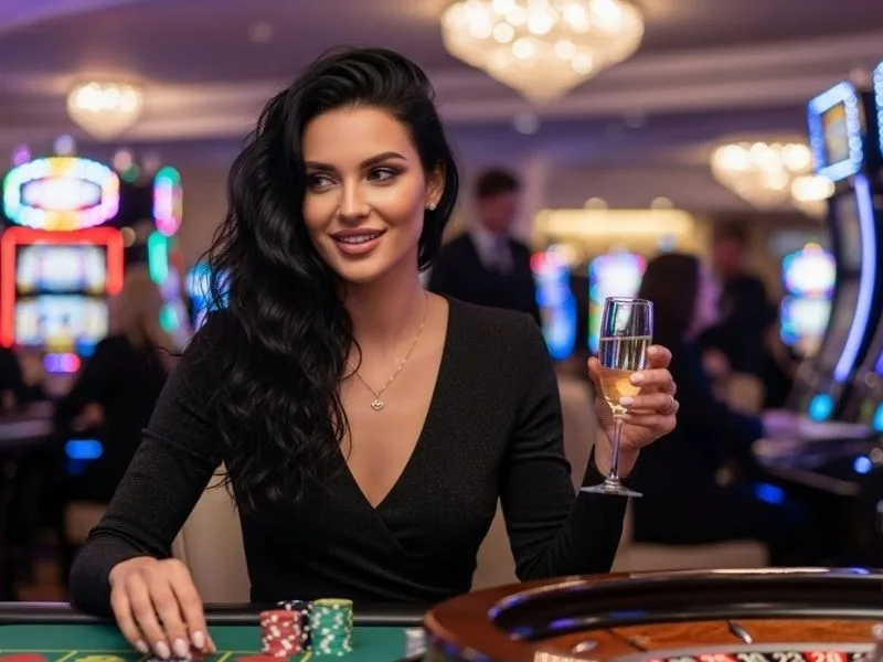 Woman smiling while playing roulette in a physical casino, enjoying her gaming experience at Scatter Game Link.