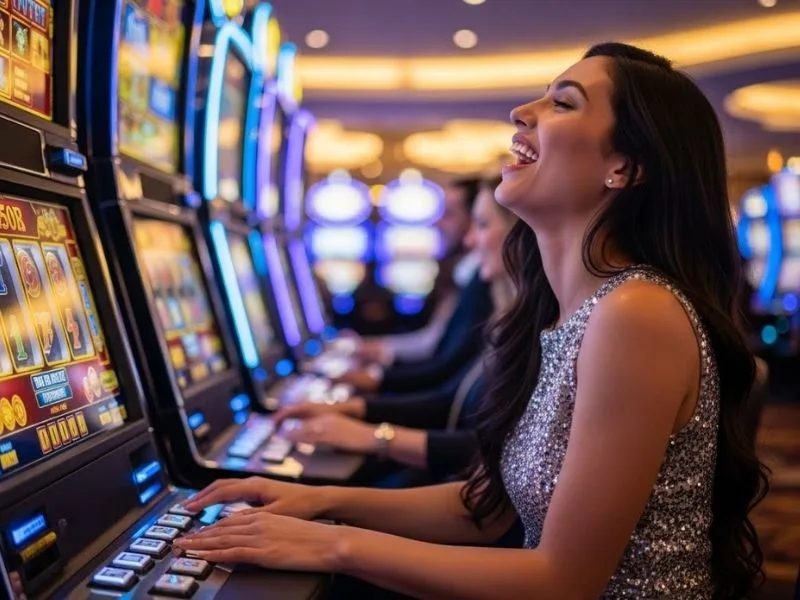 Woman happily playing a slot machine in a real casino, representing Scatter Meter Online Casino experience.