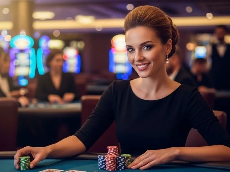Woman happily playing poker at a casino table with chips and cards, enjoying her game at a real casino, featured for Scatter Meter Online Casino.