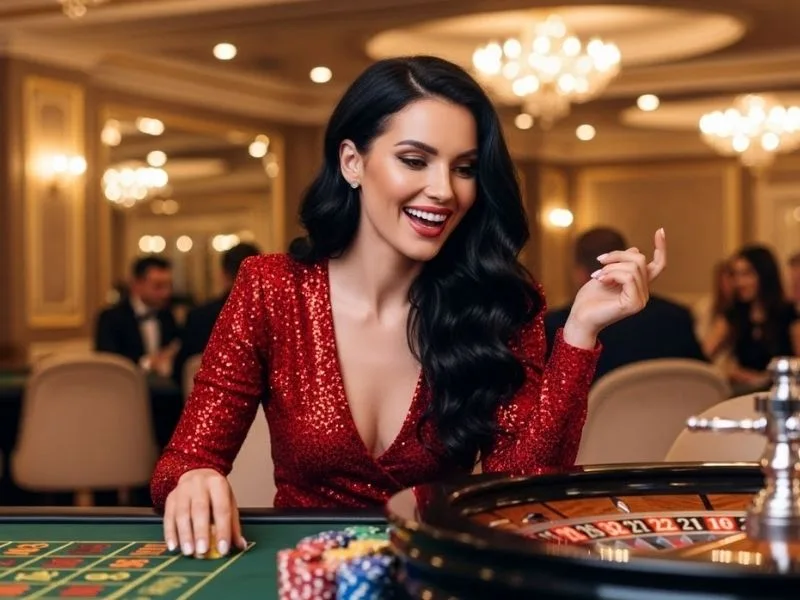 Happy woman playing at a roulette table in a physical casino, enjoying the excitement of Spin PH 88 Casino.