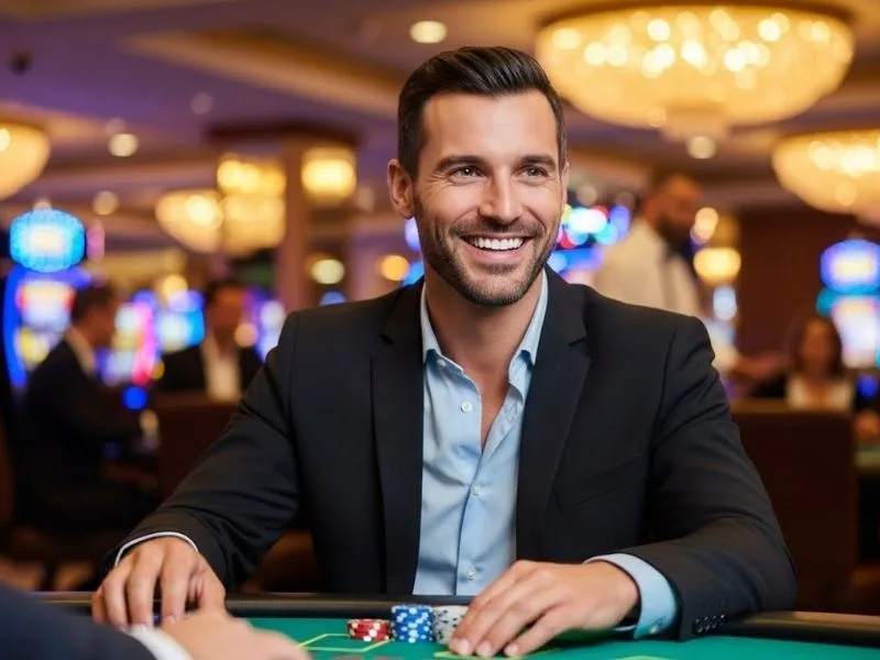 Man happily enjoying table games at a real casino, showcasing the excitement of Spin PH 88 Casino.