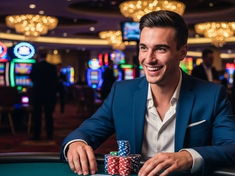 Man smiling while enjoying casino table games at a real casino, promoting Spin PH Casino online experience.