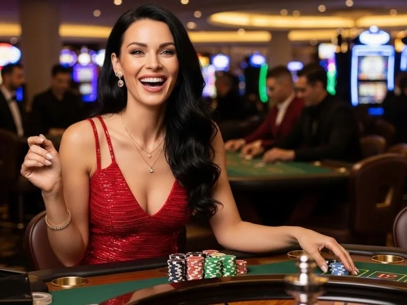 Lady happily placing bets at a roulette table in a physical casino, enjoying the excitement of gaming, related to Spin PH Log In.