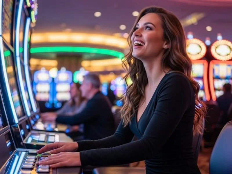 Woman happily playing slot machines at a casino table, enjoying the excitement of gaming, representing Spin PH Log In.