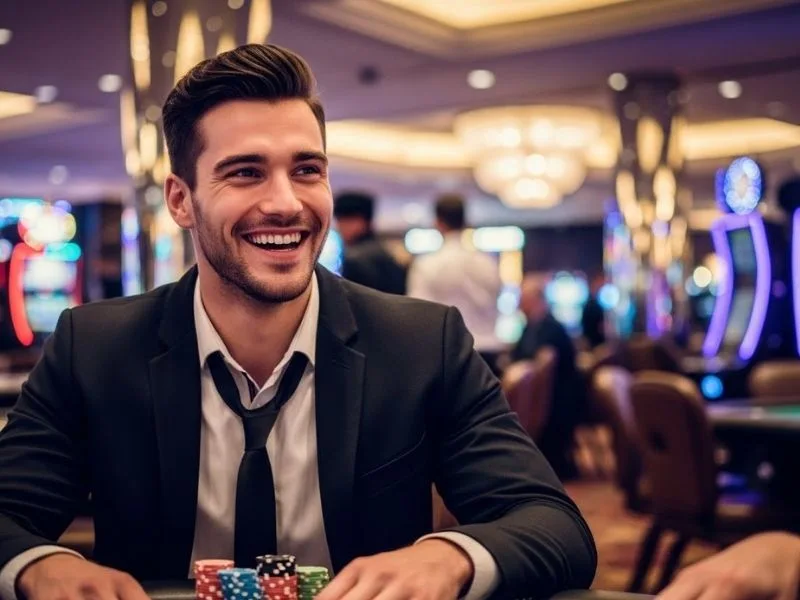 Man smiling with casino chips inside a physical casino, enjoying games after logging in to Spin PH Log In.