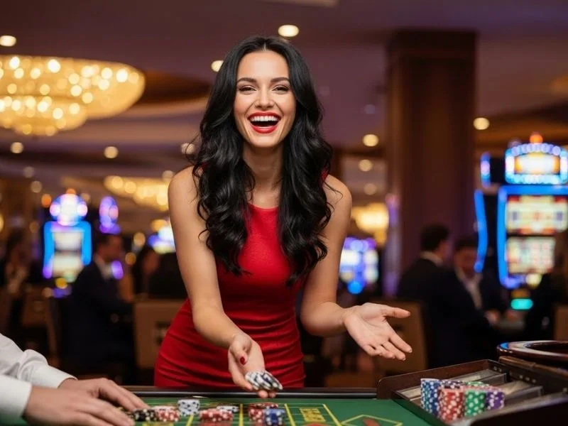 Woman happily playing roulette at a real casino, enjoying the excitement while logged into Spin PH Log In.