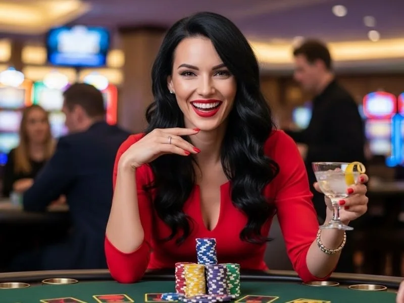 Woman happily showing her casino chips on a table at a physical casino, enjoying the excitement of Spintime 777.