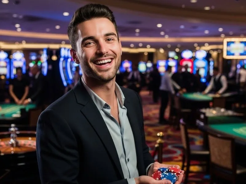 Man smiling while holding casino chips at a real casino, enjoying Spintime 777 online casino experience.