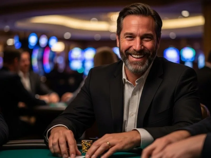 Smiling elderly man enjoying a casino table game, feeling the excitement of winning, inspired by Spintime 777.