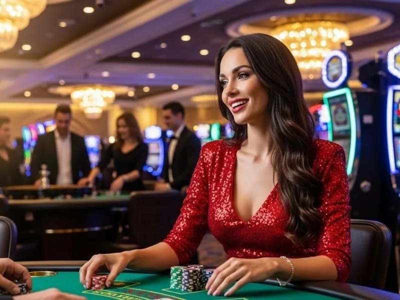 Woman happily placing bets at a casino table, enjoying her game at Spintime 777