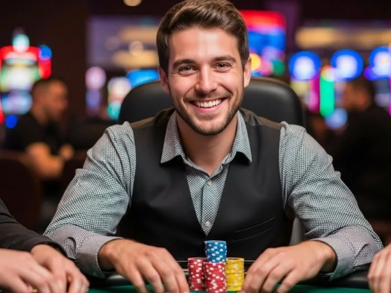 Happy man smiling with poker chips on a casino table, representing the exciting gaming experience of ssbet77 online casino