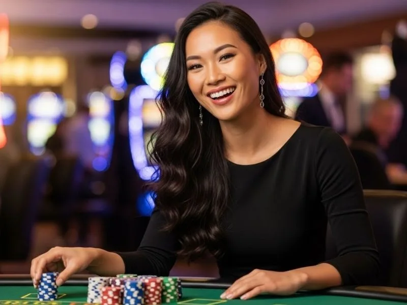 Smiling woman enjoying a poker game in a real casino, representing the exciting experience of ssbet77 online casino