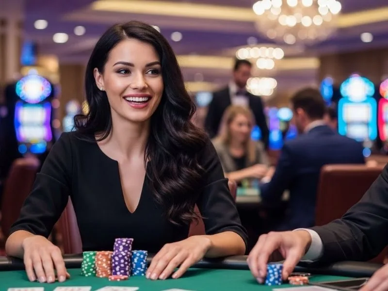 Smiling woman playing baccarat in a real casino inspired by ssbet77 online casino excitement