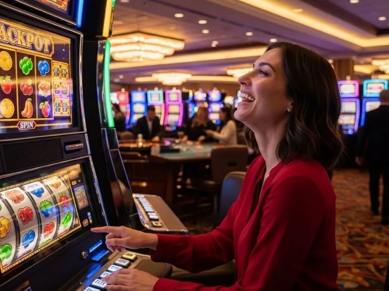 Smiling woman playing slot machines in a real casino while enjoying the excitement promoted by ssbet77 online casino