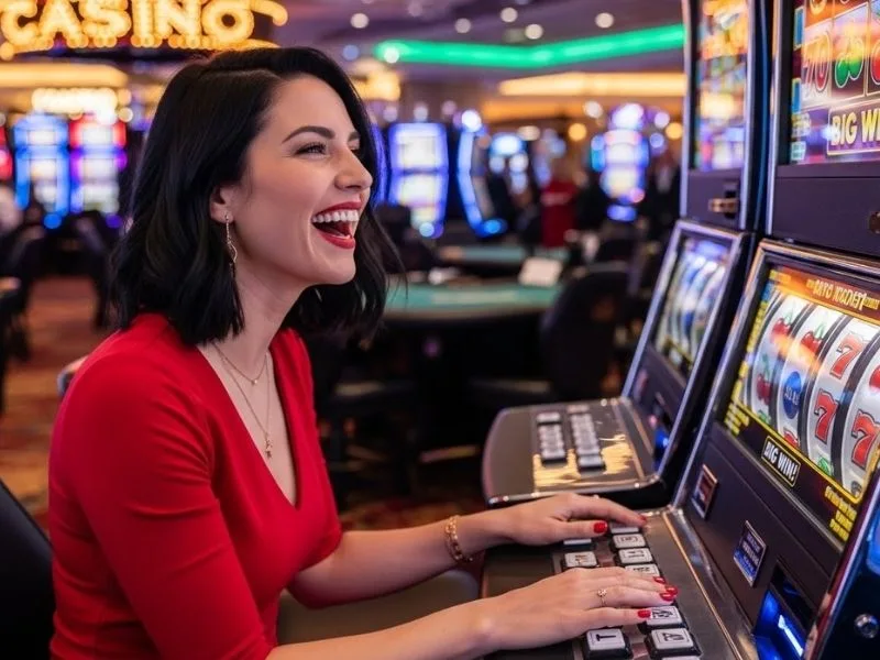 Happy woman playing slot machines in a real casino, enjoying her win at Win2Max Casino.