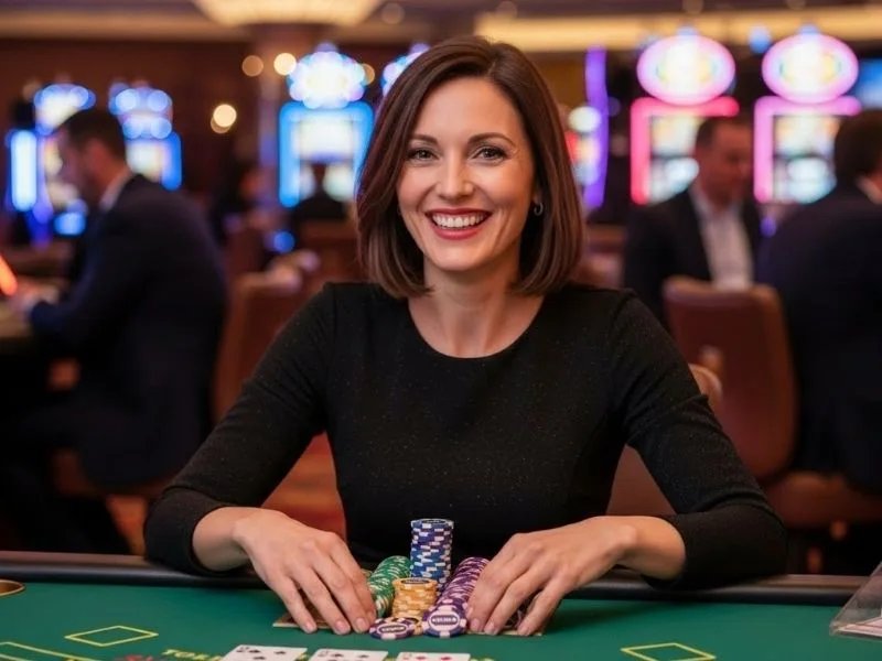 Woman happily playing at a casino table with hands on chips at a real casino, enjoying her winnings from Win2Max Casino.