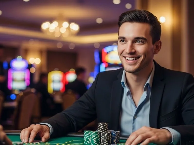 Man smiling with casino chips near a poker table at a real casino, enjoying his winnings from Win2Max Casino.