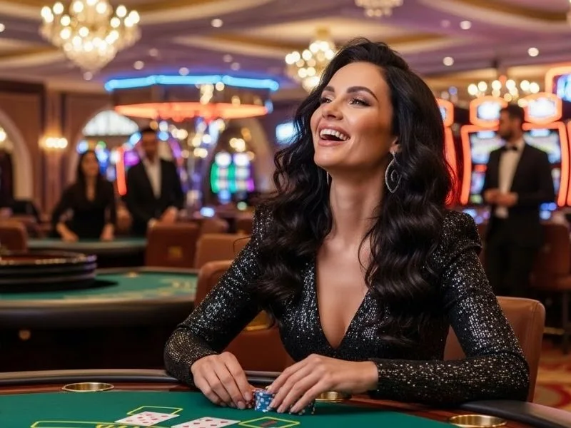 Smiling woman enjoying a casino table game, representing the excitement of Win2Max Casino