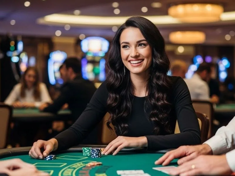 Happy woman playing card games at a real casino, enjoying her gaming experience, inspired by Winplus Casino.