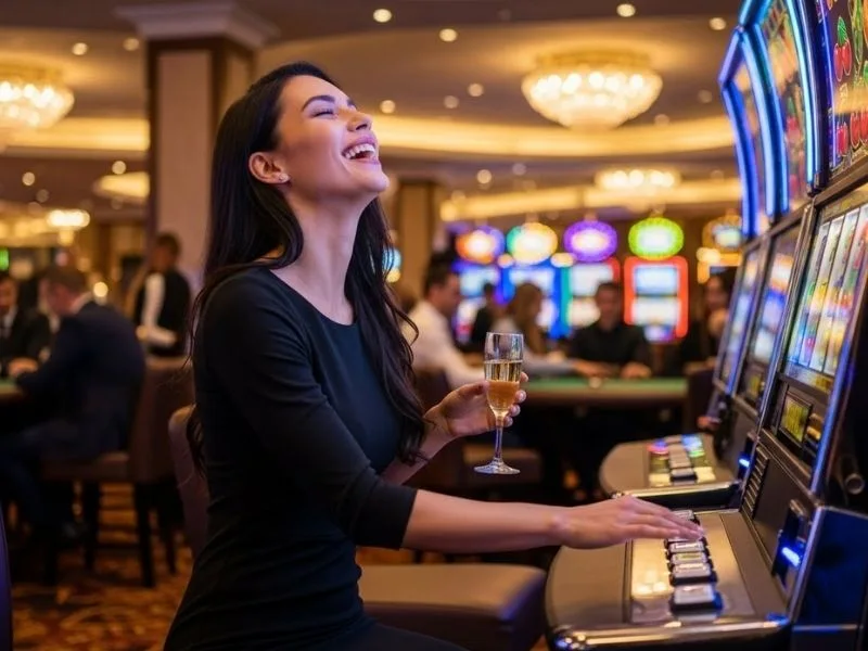 Woman happily playing slots at a real casino, enjoying her winnings – WinPlus Casino experience