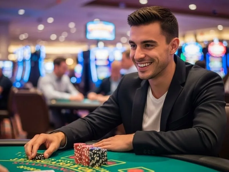 Man happily placing a bet at a blackjack table in a physical casino, enjoying Wins PH experience.
