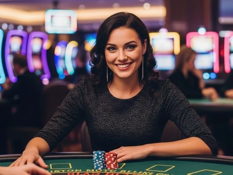 Happy woman playing blackjack at a casino table with chips, enjoying her big win at Wins PH.
