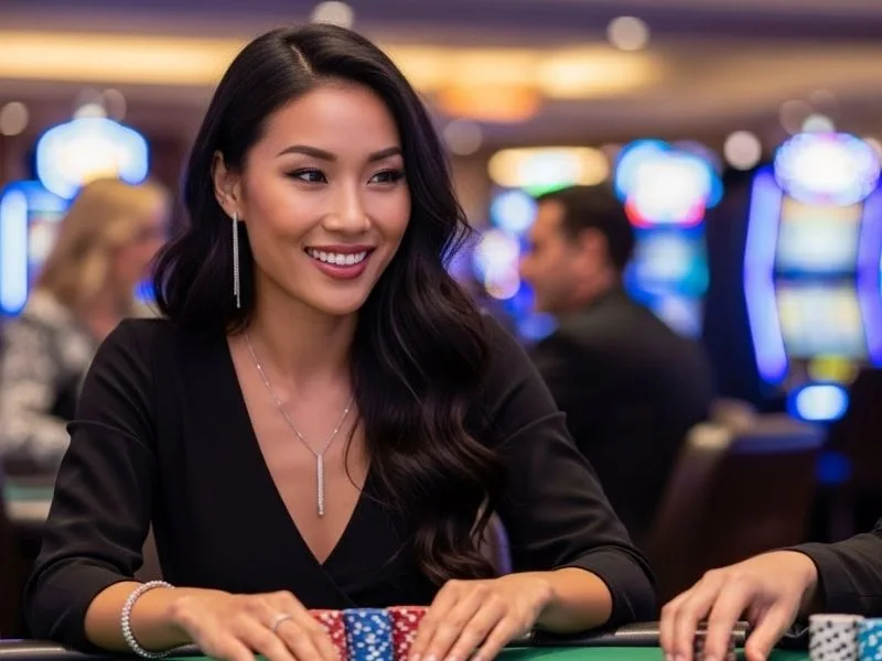 Woman smiling happily with casino chips on table at a real casino, enjoying her wins at Wins PH.