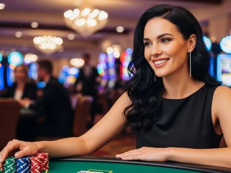 Woman smiling and holding a stack of casino chips while playing at a real casino, promoting Wins PH online casino.