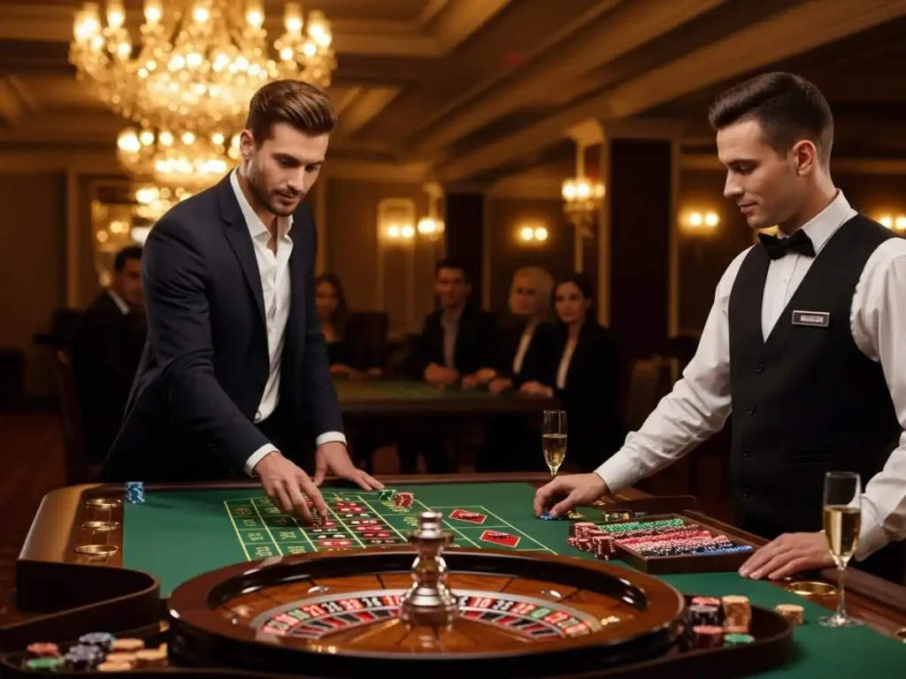 Focused gambler placing chips on a roulette table during a game at sw888 casino.