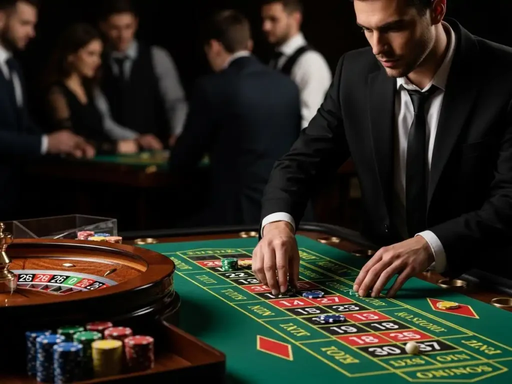 Casino player watching the spinning roulette wheel at sw888 casino with anticipation.