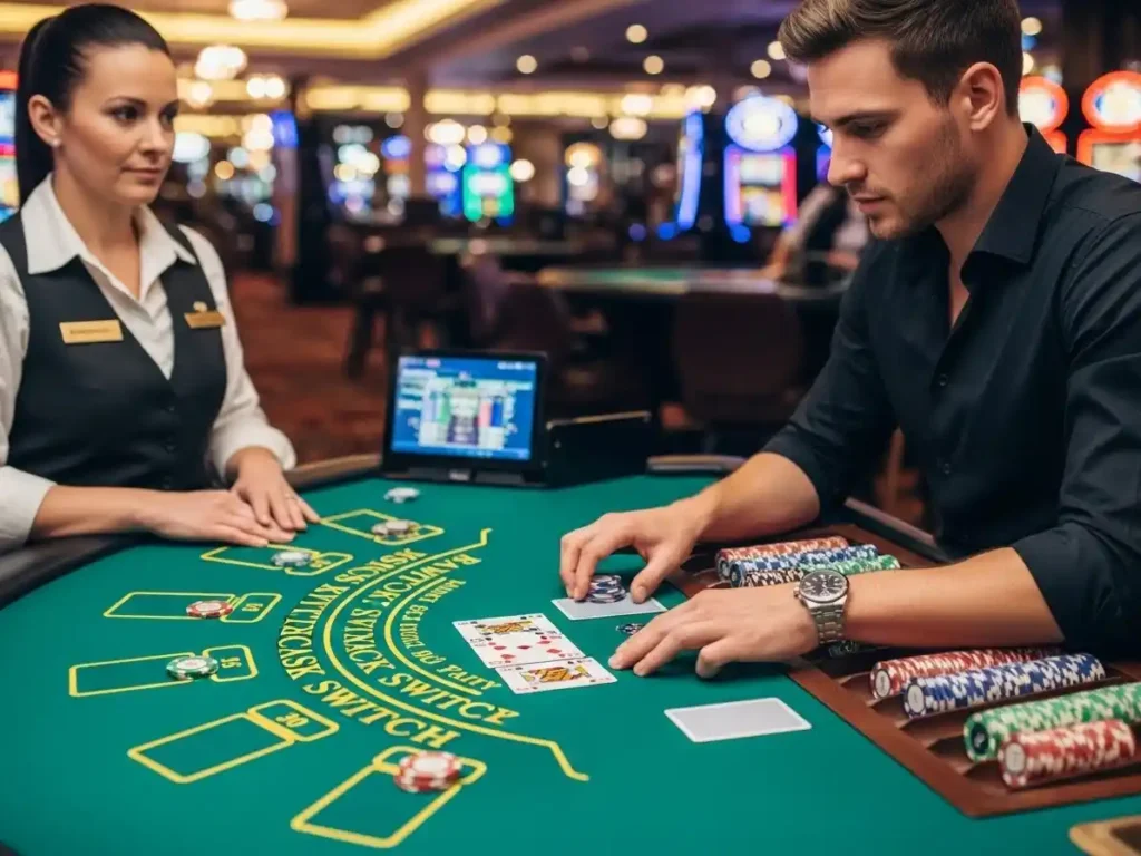 Excited player watching cards during a Blackjack Switch round at s5 casino free 51.
