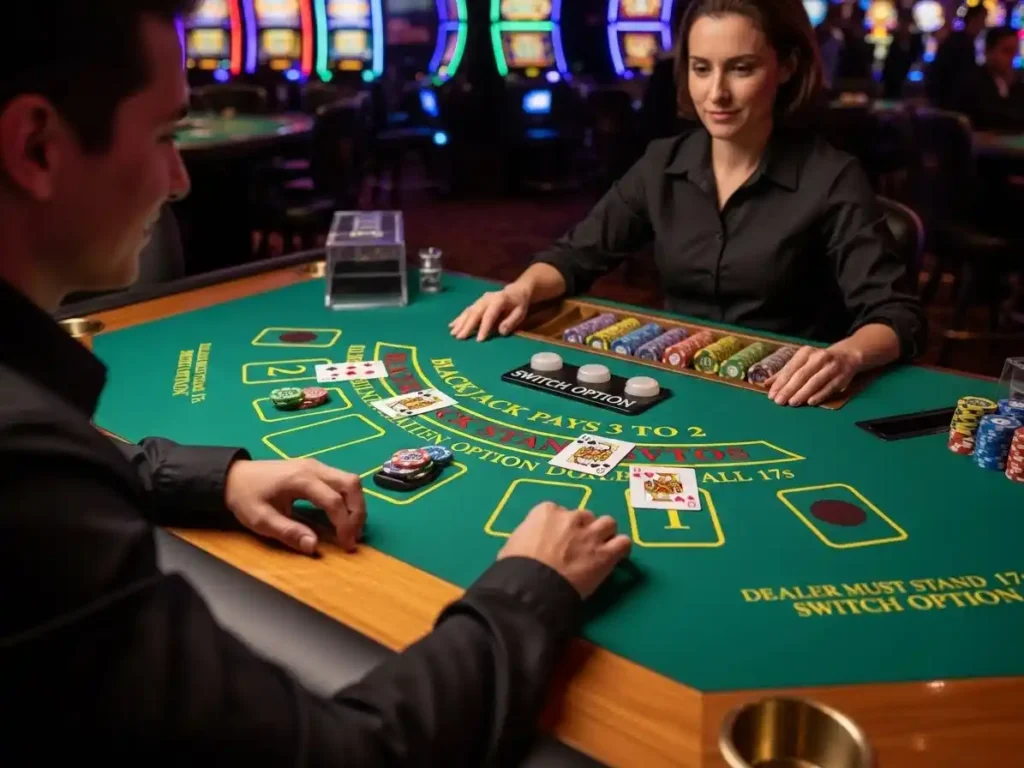Focused casino player making a move in Blackjack Switch at s5 casino free 51.