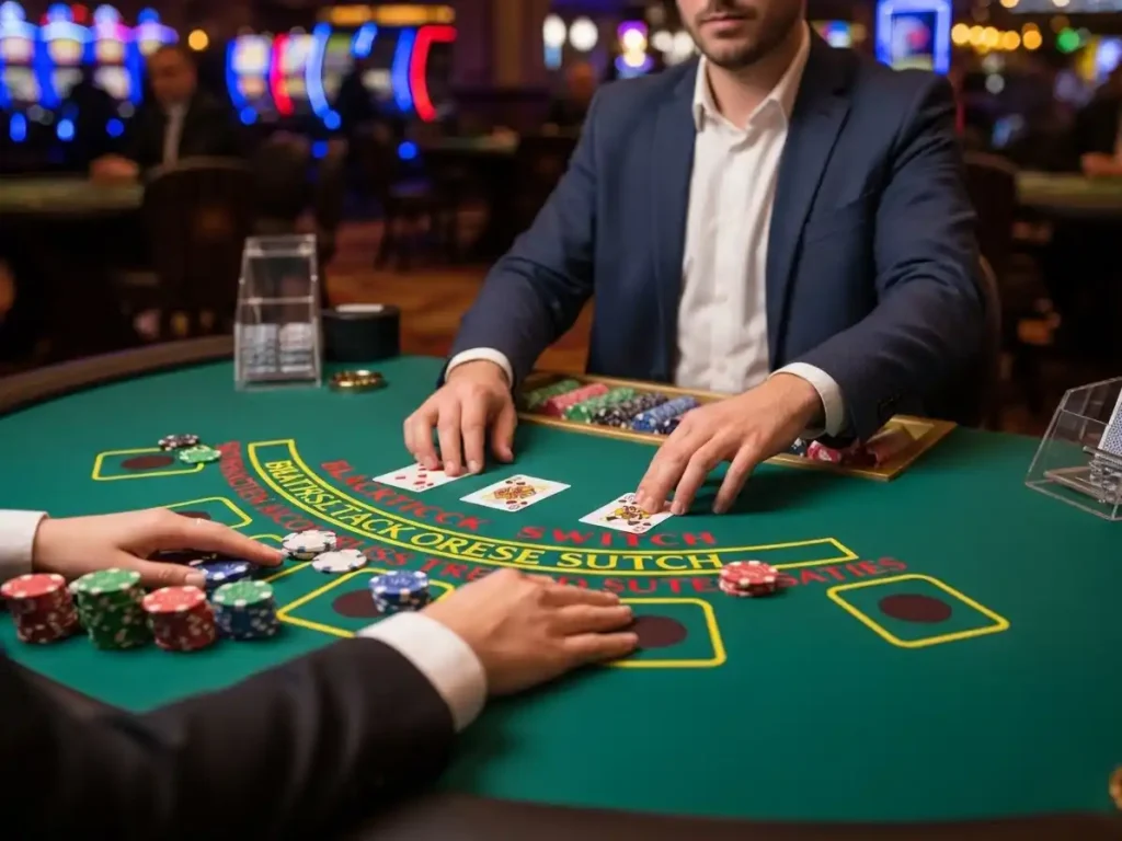 Person playing Blackjack Switch at s5 casino free 51 table, holding two hands of cards in a lively casino setting.