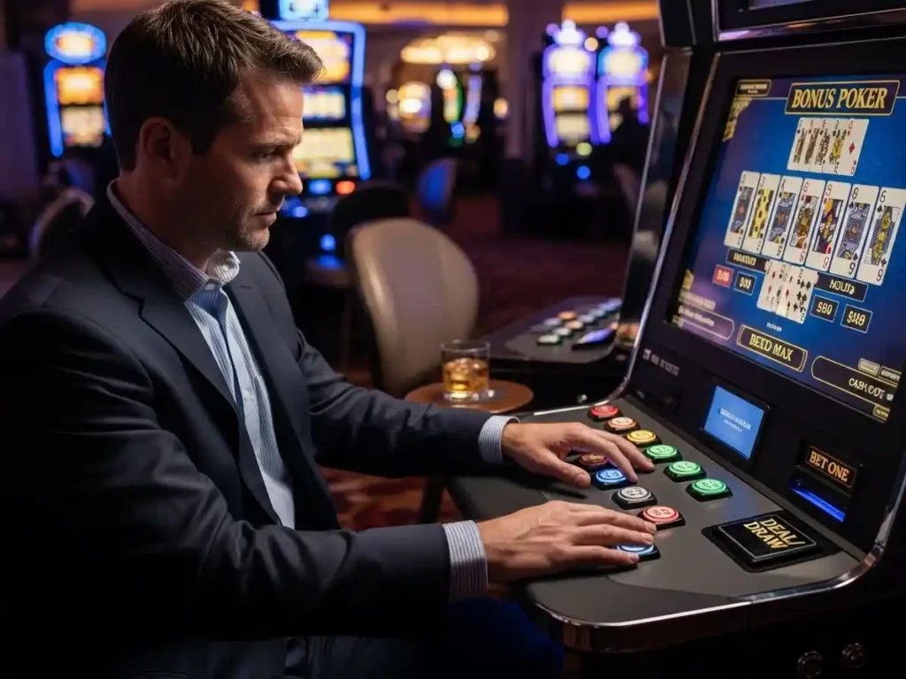 Enthusiastic player watching Bonus Poker results on a screen at casino street casino floor.