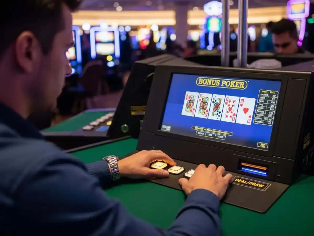 Casino player pressing buttons on a Bonus Poker machine at casino street during an active game session.