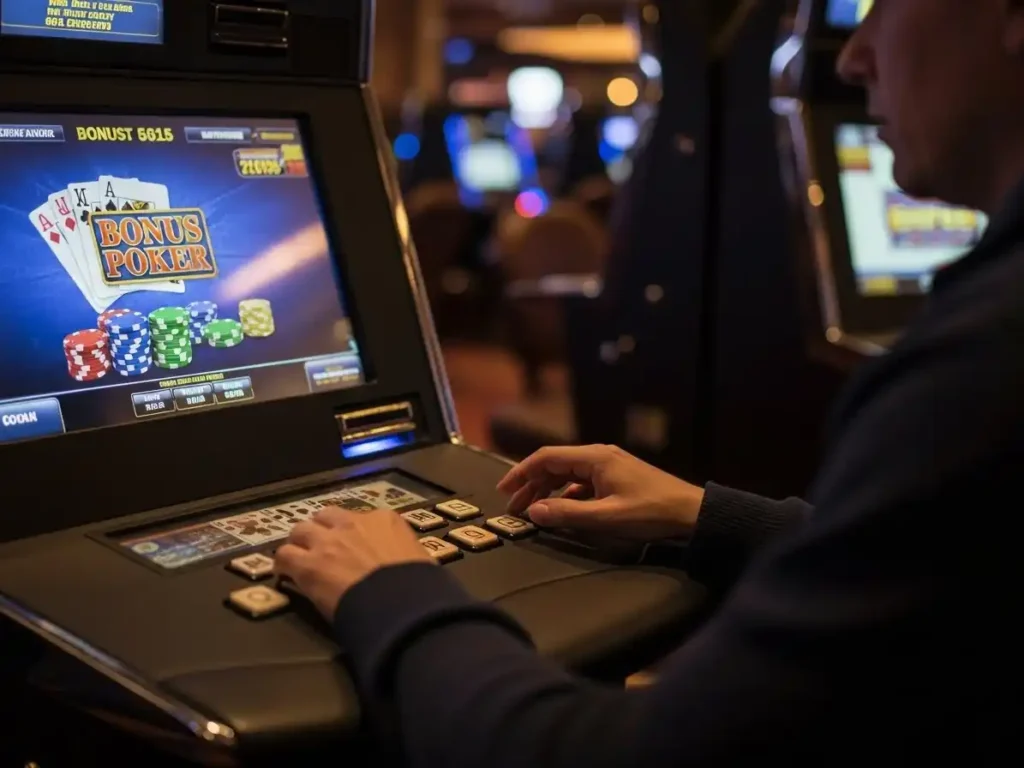 Focused player enjoying Casino Bonus Poker on a video poker machine at casino street.