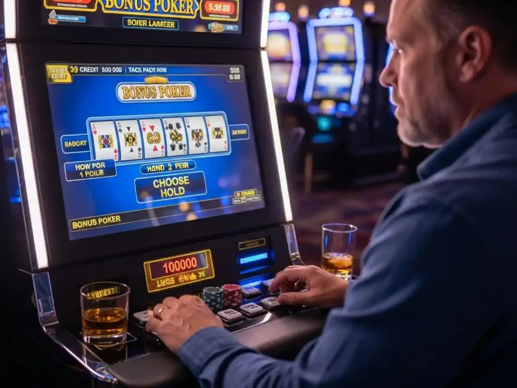 Person playing Bonus Poker at casino street, interacting with a digital poker machine inside a modern casino setting.