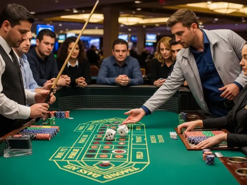 Excited casino player watching the dice roll at a standard craps table in golden dragon casino.