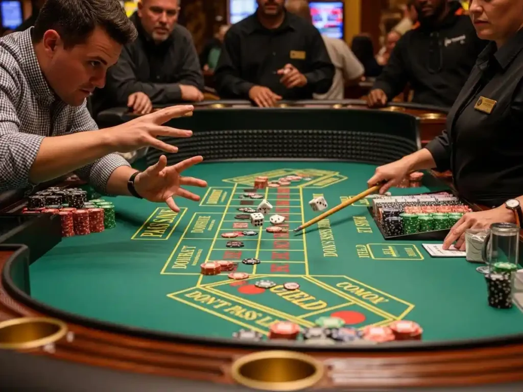Casino guest throwing dice at a standard craps table inside golden dragon casino.