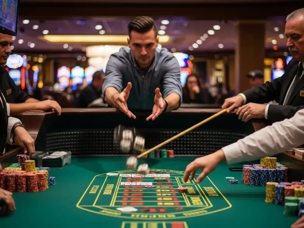 Focused player placing chips on a standard craps table at golden dragon casino.